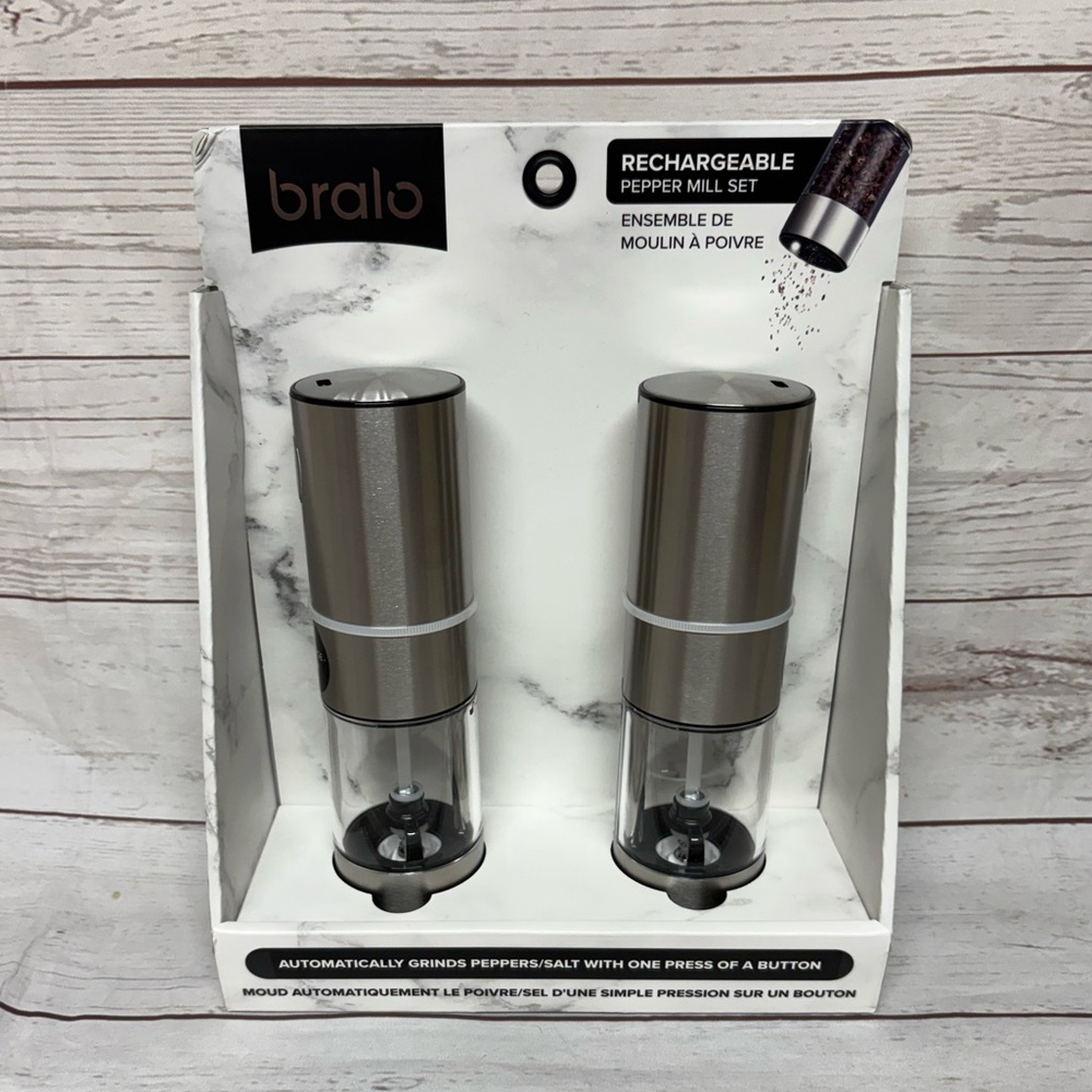 Bralo Rechargeable Pepper Salt Mill Set Stainless Built in Light NWT